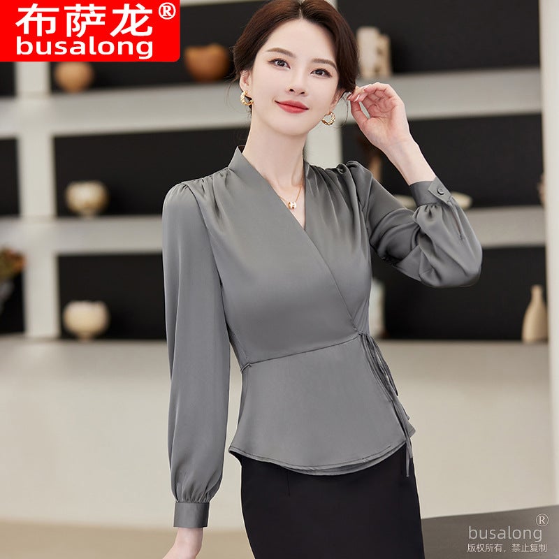 New Korean long sleeve shirt womens inch shirt professional slim work clothes plus size formal 858 Gray shirt - Image 1