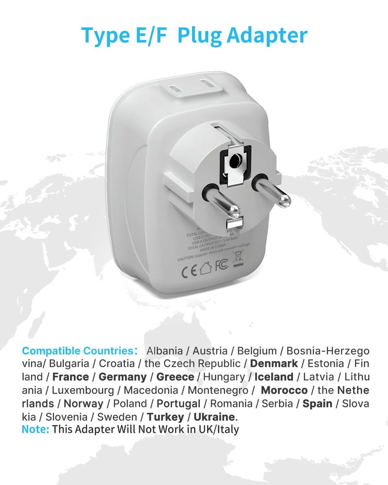 VINTAR 2 Pack Type E/F Plug Adapter, VINTAR Schuko Germany France Adapter Plug,South Korea Outlet Adapter with 1 USB C,3 USB Ports and 2 Outlets, US to EU Spain Iceland Greece Paris German French Korea - Image 2