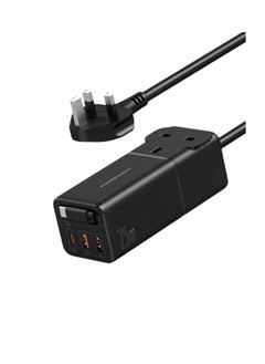 Powerology Desktop Charging Station Gan 75W Retractable Type-C Cable / Laptop Charging / 0% -> 60% 35 Minutes / 70cm Built-In Cable / Multi-Port Charger - Black  - Image 1