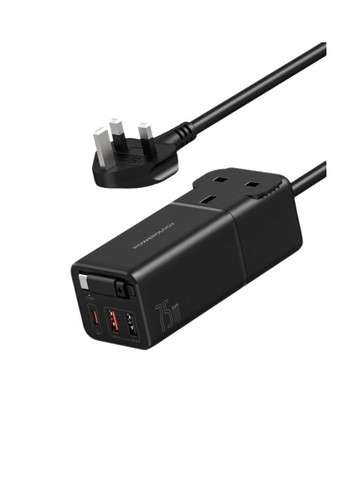 Powerology - Desktop Charging Station Gan 75W Retractable Type-C Cable / Laptop Charging / 0% -> 60% 35 Minutes / 70cm Built-In Cable / Multi-Port Charger - Black - Image 1
