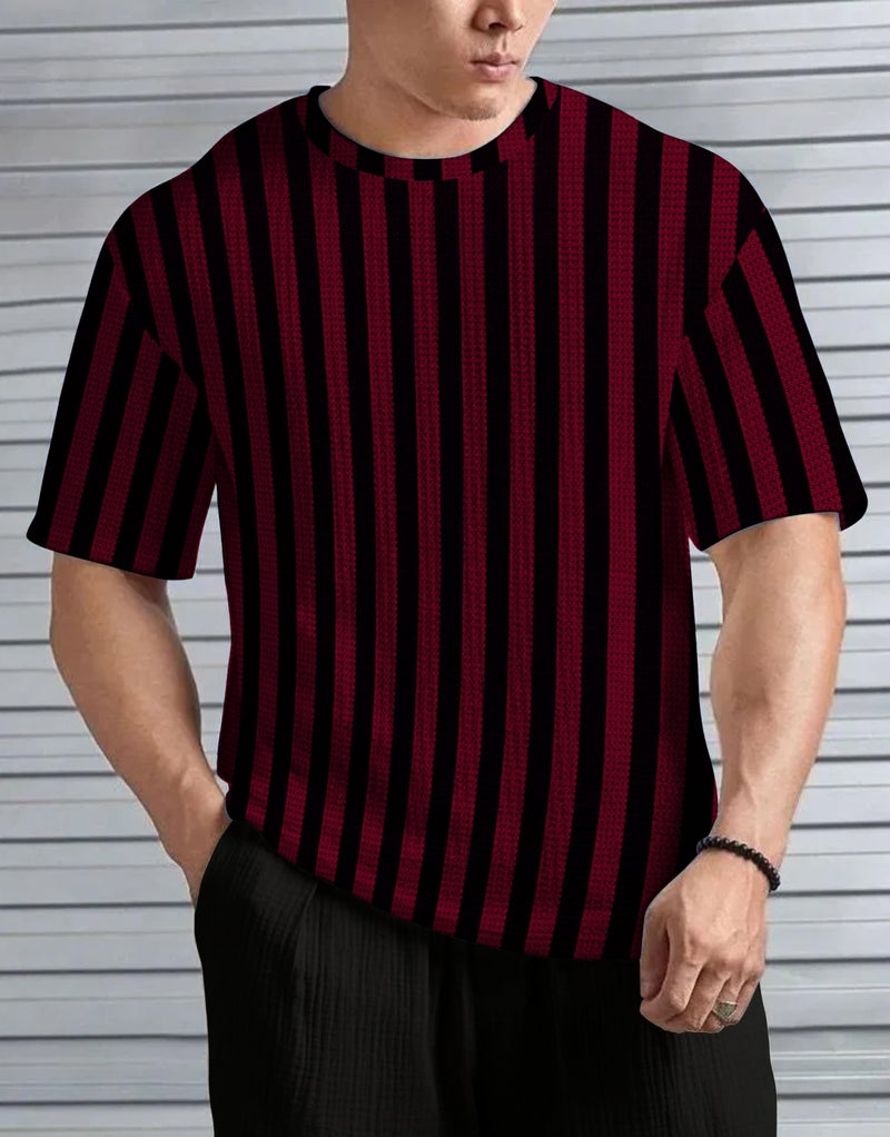 KAJARU Men's Striped Waffle Pattern T-Shirt, Round Neck (in, Alpha, XL, Regular, Maroon) - Image 3