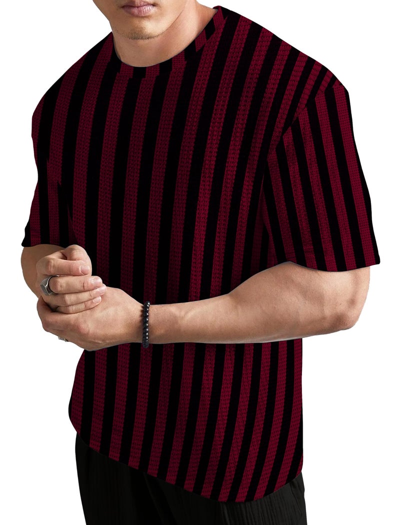 KAJARU Men's Striped Waffle Pattern T-Shirt, Round Neck (in, Alpha, XL, Regular, Maroon) - Image 1