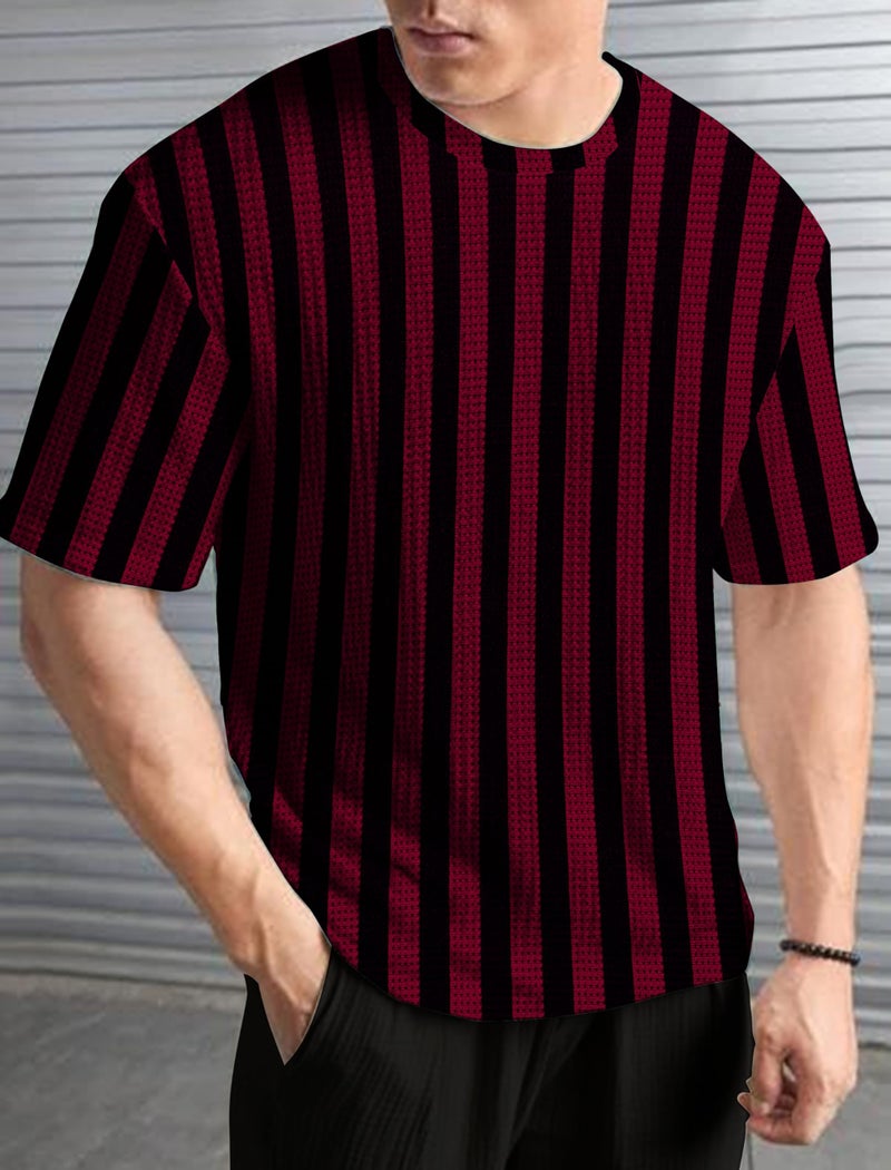 KAJARU Men's Striped Waffle Pattern T-Shirt, Round Neck (in, Alpha, XL, Regular, Maroon) - Image 5