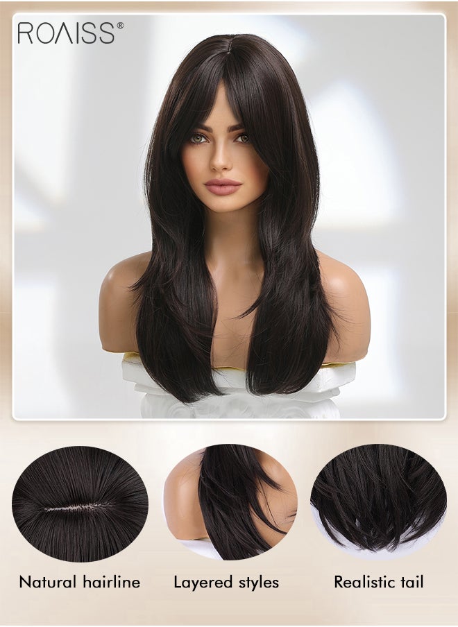 roaiss Long Straight Black Brown Wig for Women, Middle Parting with Bangs Slight Curly Fringe Natural Soft Synthetic Hair Wig for Wedding Cosplay Party Daily Wear, 24 Inches  - Image 4
