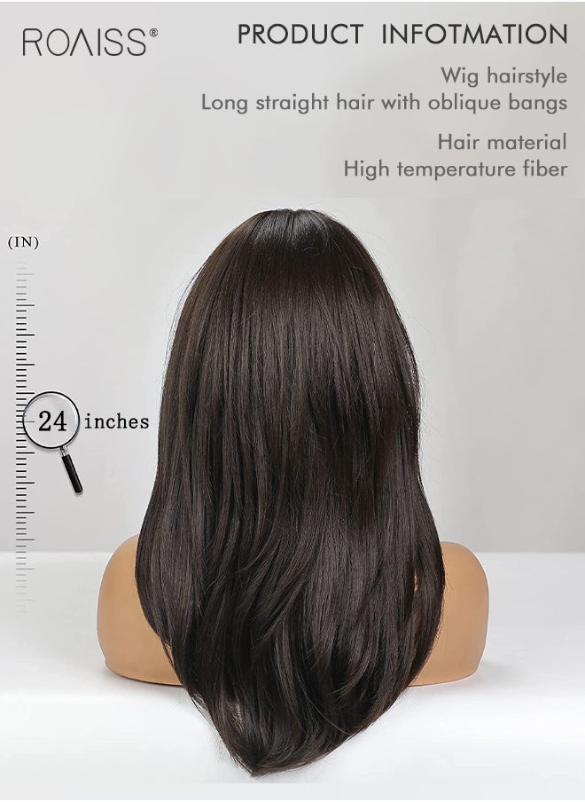 roaiss Long Straight Black Brown Wig for Women, Middle Parting with Bangs Slight Curly Fringe Natural Soft Synthetic Hair Wig for Wedding Cosplay Party Daily Wear, 24 Inches  - Image 3