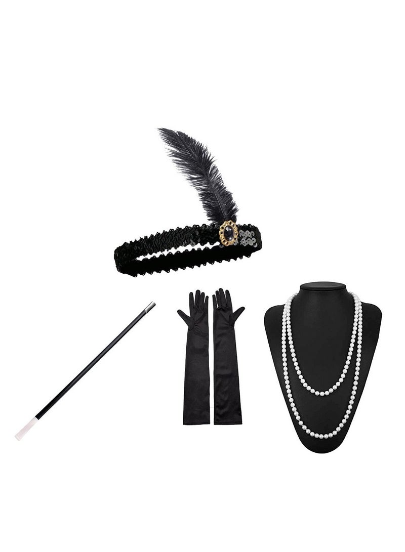 FengSVMA 1920s Accessories Sets Costume Gatsby Feather Headband Gloves  - Image 2