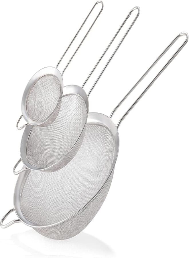 3 Pieces Stainless Steel Fine Mesh Sifter Set, Sifters and Strainer with Strong Handle, Perfect for Sifting Vegetables, Pasta, Tea, Filtering, Rinsing (Silver)