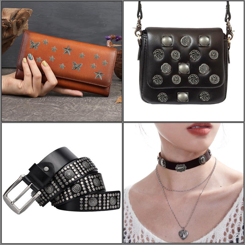 Notgia 70Sets Assorted Conchos Mixed Antique Silver Color Studs Spikes and Studs Rivets Leather Craft Accessories for Decorate Belts Handbags Wallets Dog Collars Shoes Clothing Bracelets Chokers Bags - Image 5