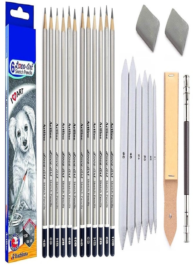 ChiggiWigg 12 Artline Pencil Drawing Set with 6 Blending/Smudging Stumps Set, 2 Kneadable Art Eraser, 1 Sand Paper and 1 Dual Sided Pencil Extender for Drawing and Sketching