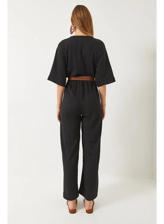جينجر V Neck Belted Jumpsuit