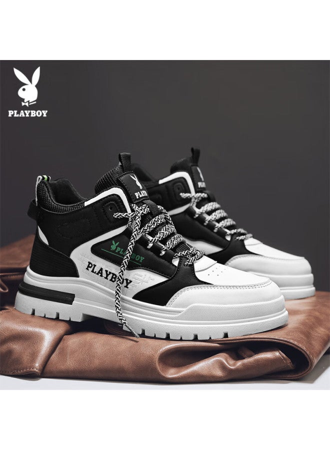 Playboy Men's Shoes, Spring/summer High-top Sneakers, Versatile Thick-soled Casual Martin Boots For Men, White And Black, Size 41 - Image 3