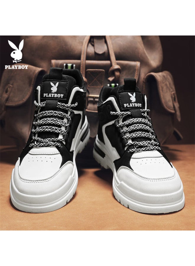 Playboy Men's Shoes, Spring/summer High-top Sneakers, Versatile Thick-soled Casual Martin Boots For Men, White And Black, Size 41 - Image 4
