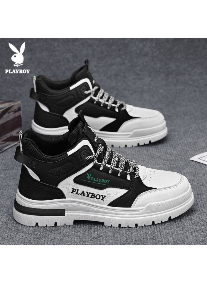 Playboy Men's Shoes, Spring/summer High-top Sneakers, Versatile Thick-soled Casual Martin Boots For Men, White And Black, Size 41 - Image 1
