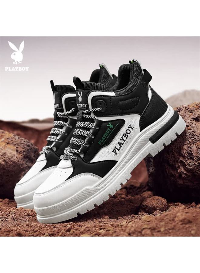 Playboy Men's Shoes, Spring/summer High-top Sneakers, Versatile Thick-soled Casual Martin Boots For Men, White And Black, Size 41 - Image 2