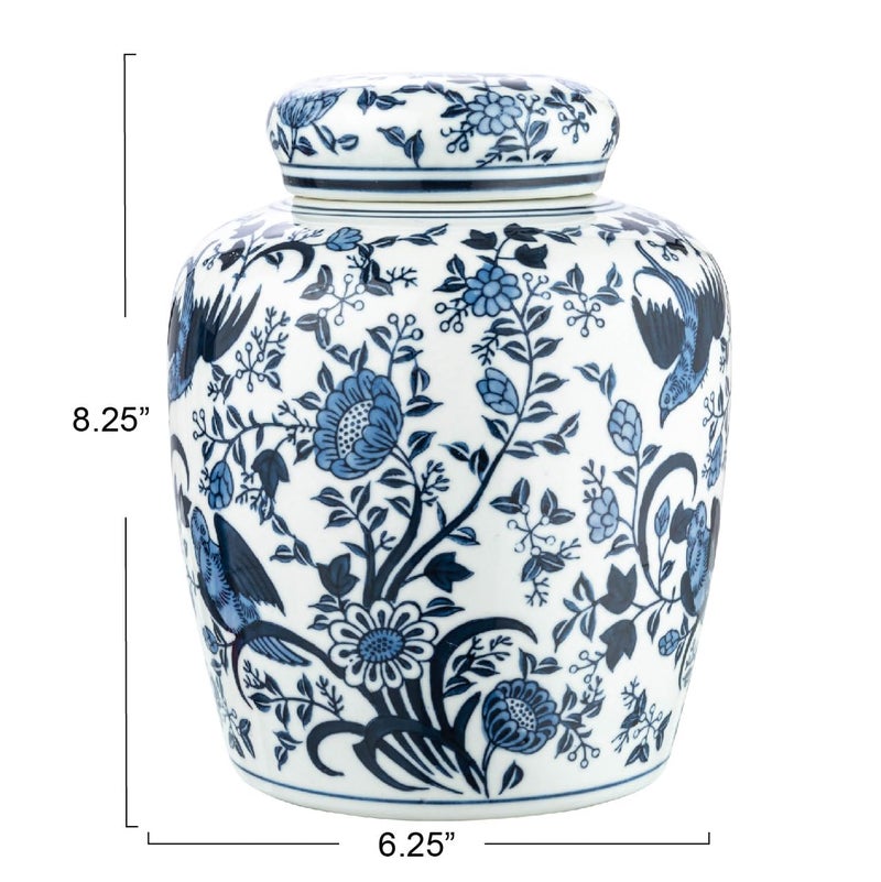 Creative Co-Op Decorative Bird Ceramic Ginger Jar with Lid, Blue and White - Image 2