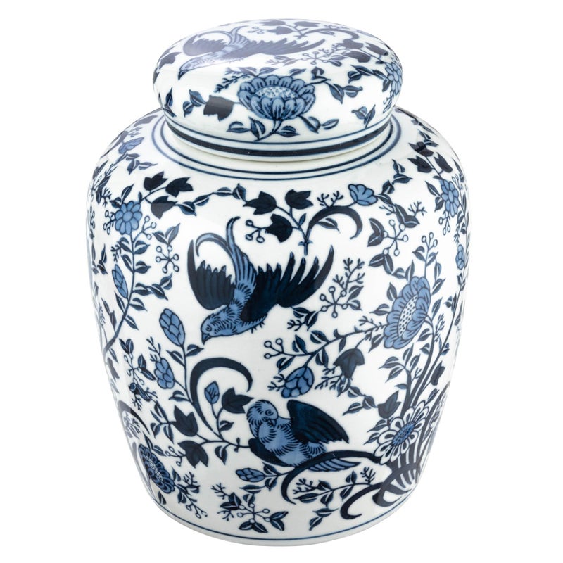 Creative Co-Op Decorative Bird Ceramic Ginger Jar with Lid, Blue and White - Image 1