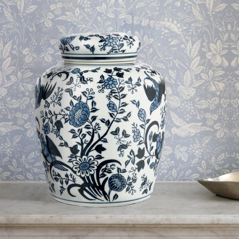 Creative Co-Op Decorative Bird Ceramic Ginger Jar with Lid, Blue and White - Image 3