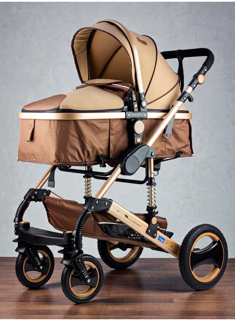 LUCID Luxurious Baby Stroller, Large Size, by Lucid, Brown Color, Model- SENA PLUS - Image 1
