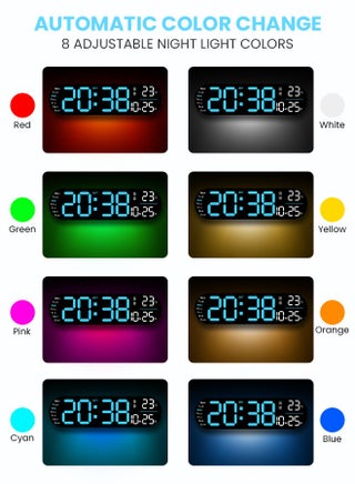 ساعة رقمية LED، ساعة حائط رقمية مع جهاز تحكم عن بعد، أضواء جو RGB مع 8 ألوان إضاءة ليلية قابلة للتعديل، منبهات مزدوجة، درجة حرارة الغرفة - view 3