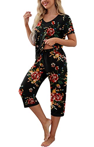 PrinStory Women's Pajama Set Short Sleeve Shirt and Capri Pants Sleepwear Pjs Sets with Pockets FP-Brown Black-Large - Image 3