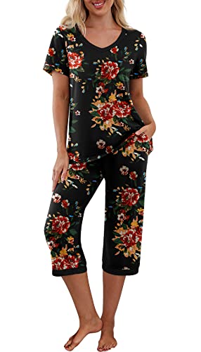 PrinStory Women's Pajama Set Short Sleeve Shirt and Capri Pants Sleepwear Pjs Sets with Pockets FP-Brown Black-Large - Image 1