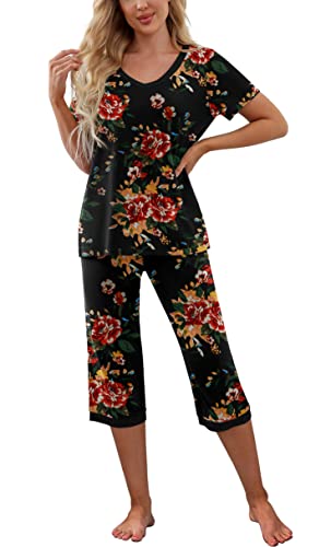 PrinStory Women's Pajama Set Short Sleeve Shirt and Capri Pants Sleepwear Pjs Sets with Pockets FP-Brown Black-Large - Image 2