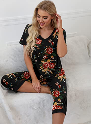 PrinStory Women's Pajama Set Short Sleeve Shirt and Capri Pants Sleepwear Pjs Sets with Pockets FP-Brown Black-Large - Image 4