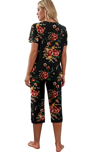 PrinStory Women's Pajama Set Short Sleeve Shirt and Capri Pants Sleepwear Pjs Sets with Pockets FP-Brown Black-Large - Image 5