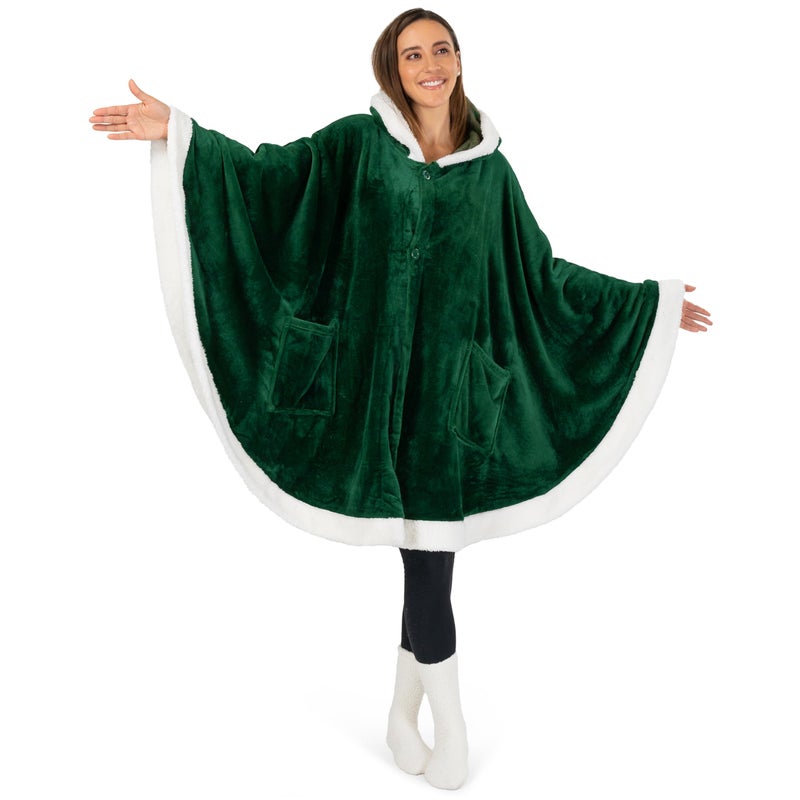 PAVILIA Wearable Blanket for Adult Women, Cozy Plush Fleece Blanket Poncho Cape with Hood, Super Soft Shawl, Angel Wrap Throw for Office, Emerald Green - Image 2