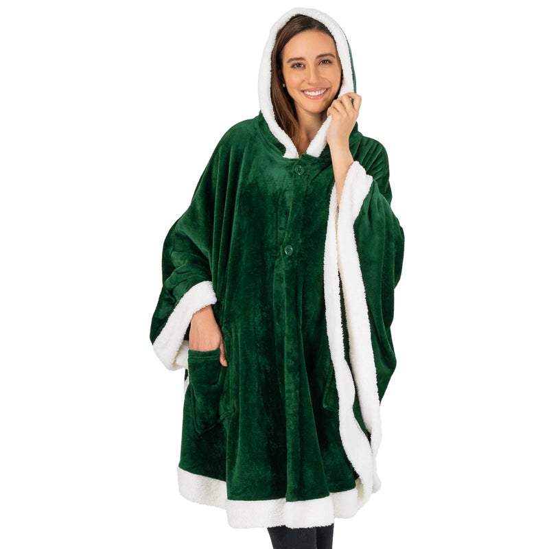 PAVILIA Wearable Blanket for Adult Women, Cozy Plush Fleece Blanket Poncho Cape with Hood, Super Soft Shawl, Angel Wrap Throw for Office, Emerald Green - Image 1