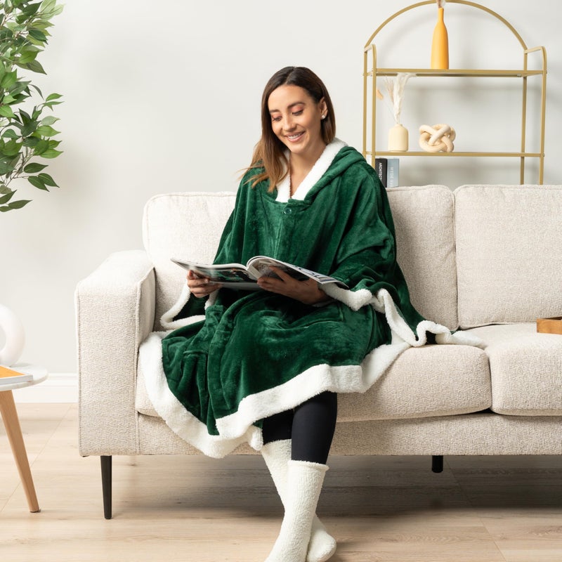 PAVILIA Wearable Blanket for Adult Women, Cozy Plush Fleece Blanket Poncho Cape with Hood, Super Soft Shawl, Angel Wrap Throw for Office, Emerald Green - Image 5