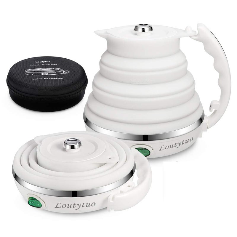 LOUTYTUO غلاية كهربائية قابلة للطي مصنوعة من السيليكون الغذائي المعتمد بتصميم فائق النحافة مع حماية من الغليان الجاف محمولة بجهد مزدوج وسلك طاقة قابل للفصل 555 مل 110220 فولت قابس أمريكي