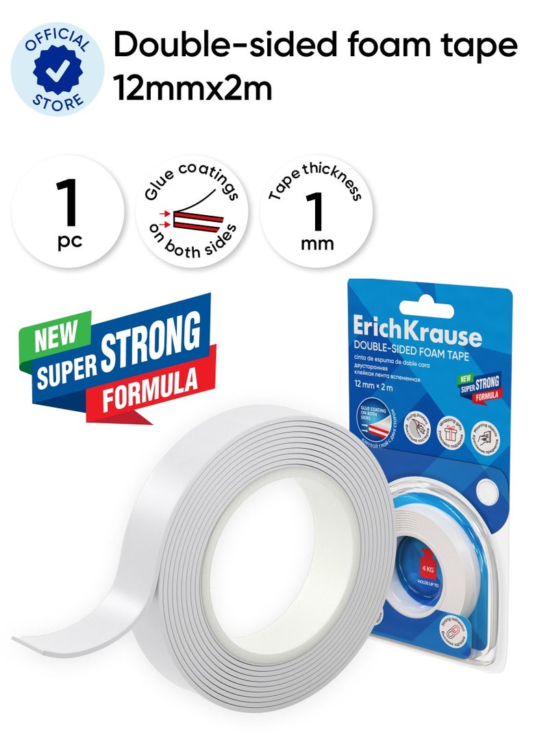 ErichKrause Double-sided foam tape, white, 1mmx12mmx2m (blister 1 pc)  - Image 1