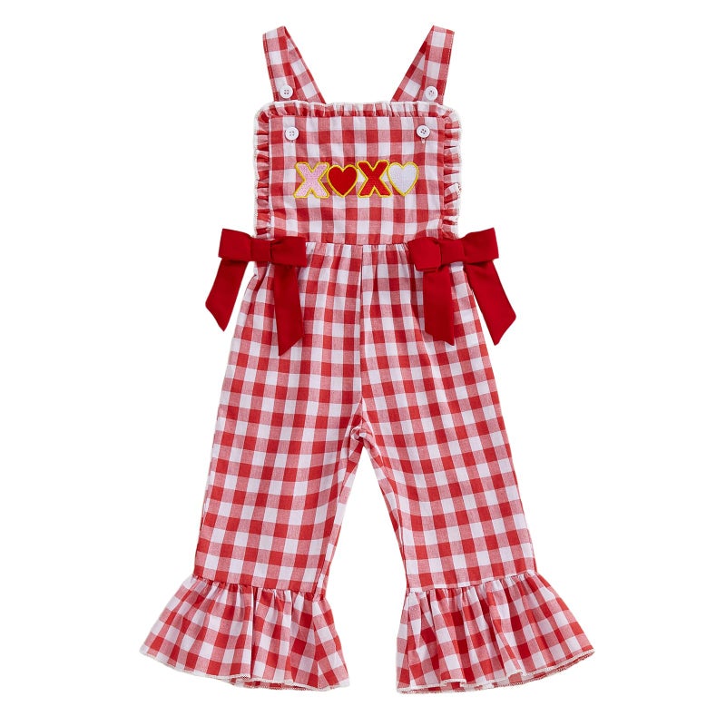 Rourufy Toddler Baby Girl Valentines Day Outfit Girls Plaid Overalls Pants Romper Kids Jumpsuit Kids Spring Summer Clothes (A XOXO Plaid Red, 18-24 Months) - Image 1
