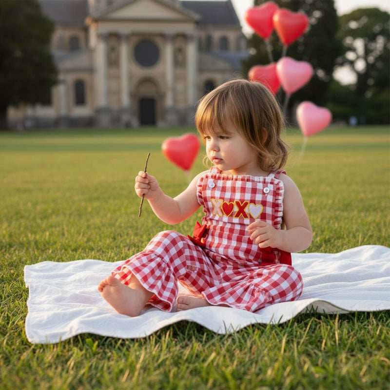 Rourufy Toddler Baby Girl Valentines Day Outfit Girls Plaid Overalls Pants Romper Kids Jumpsuit Kids Spring Summer Clothes (A XOXO Plaid Red, 18-24 Months) - Image 3