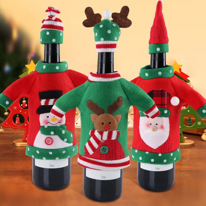 OurWarm PartyTalk 3pcs Ugly Sweater Christmas Wine Bottle Covers, Holiday Wine Bottle Sweater Cover with Hat for Ugly Christmas Sweater Party Decorations  - Image 1