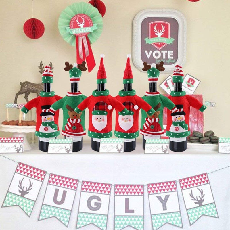 OurWarm PartyTalk 3pcs Ugly Sweater Christmas Wine Bottle Covers, Holiday Wine Bottle Sweater Cover with Hat for Ugly Christmas Sweater Party Decorations  - Image 5