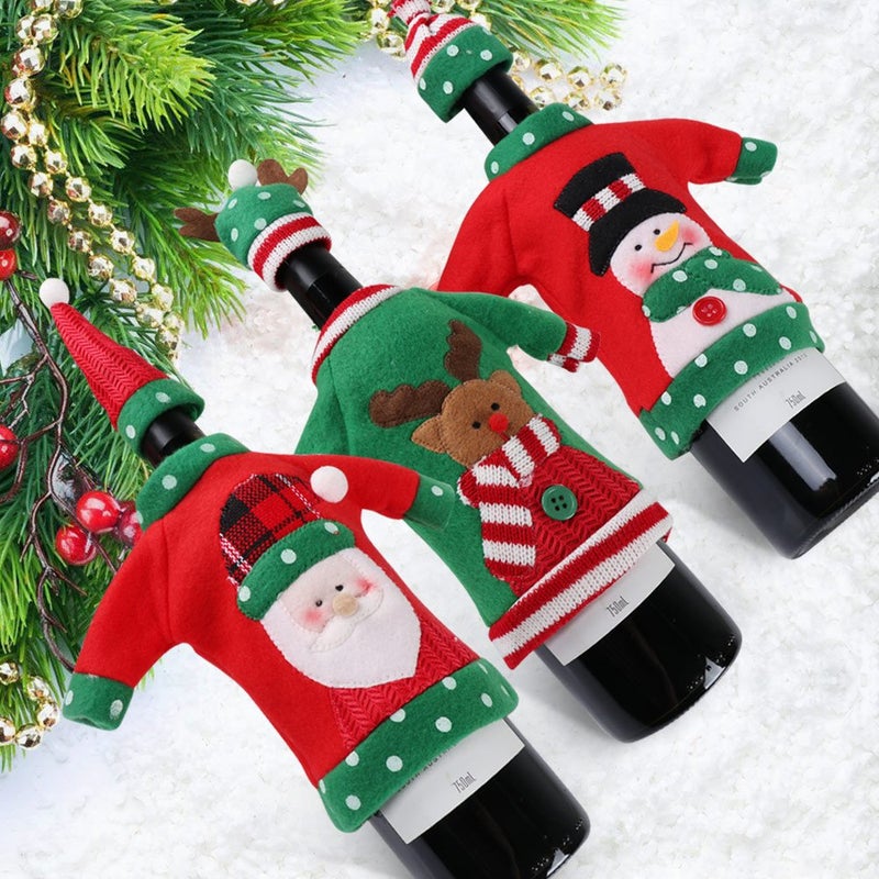 OurWarm PartyTalk 3pcs Ugly Sweater Christmas Wine Bottle Covers, Holiday Wine Bottle Sweater Cover with Hat for Ugly Christmas Sweater Party Decorations  - Image 3