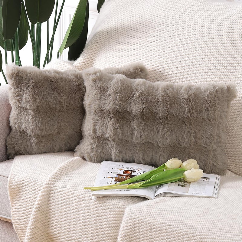MADIZZ Pack of 2 Thick Plush Wool Throw Pillow Covers 12x20 Inch Taupe Soft Neutral Decorative Throw Pillows Accent Boho Cushion Covers for Couch Sofa Bedroom Pillow Shell - Image 1
