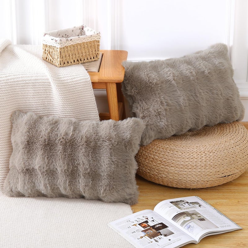 MADIZZ Pack of 2 Thick Plush Wool Throw Pillow Covers 12x20 Inch Taupe Soft Neutral Decorative Throw Pillows Accent Boho Cushion Covers for Couch Sofa Bedroom Pillow Shell - Image 2