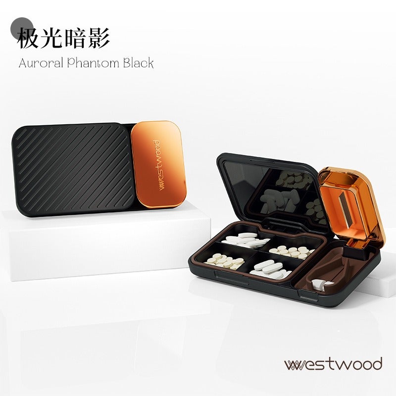Electroplated Metal Home Pill Box with Four Compartments - Professional Medicine Cutter