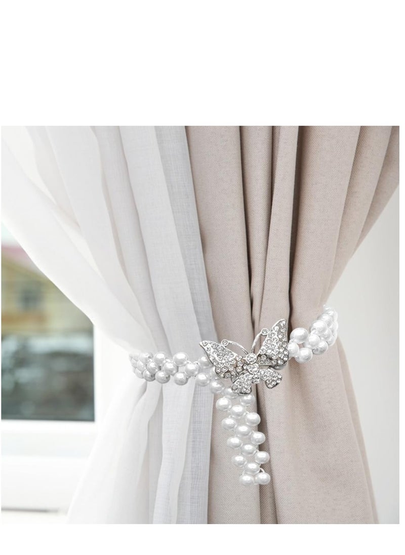 KASTWAVE - 2Pcs Curtain TieBacks, Butterfly Pearl Curtain Decorative Clips Rope Holdbacks Curtain Holder Buckles, Metal TieBacks for Home Office Hotel Window Drape Decorative - Image 1