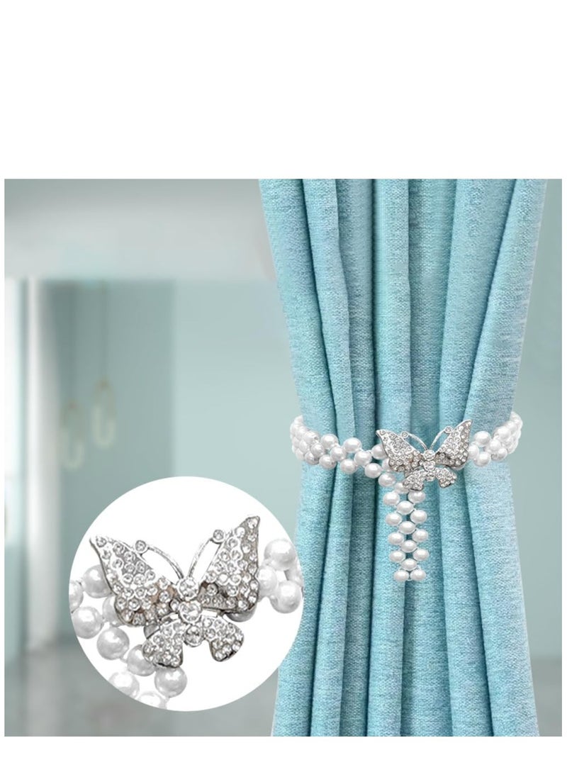 KASTWAVE - 2Pcs Curtain TieBacks, Butterfly Pearl Curtain Decorative Clips Rope Holdbacks Curtain Holder Buckles, Metal TieBacks for Home Office Hotel Window Drape Decorative - Image 1