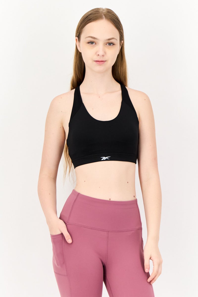 Reebok حمالة صدر رياضية مبطنة بشعار العلامة التجارية للنساء، سوداء - Image 1