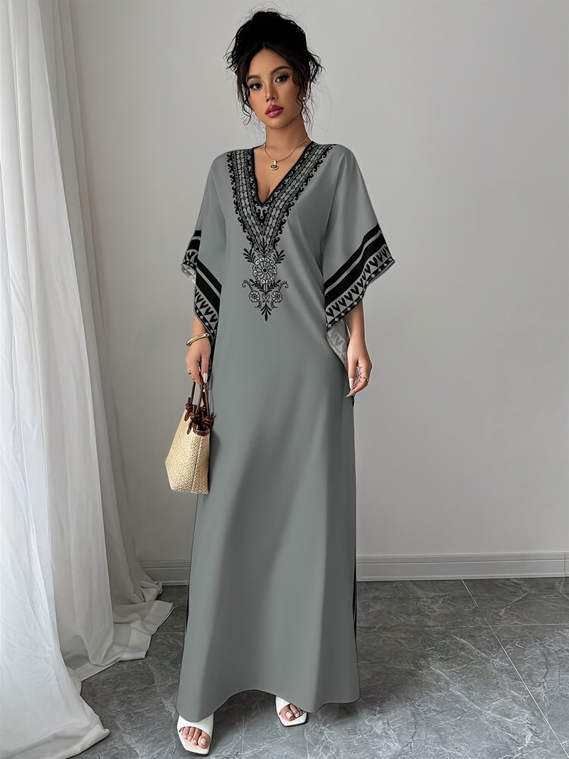 Women's Elegant Paisley Print V-Neck Three-Quarter Sleeve Turkish Kaftan Dress - Lightweight Breathable Machine Washable Summer Dress for Holiday Party Vacation Resort Wear, Casual Dresse... - Image 3