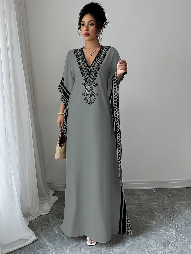 Women's Elegant Paisley Print V-Neck Three-Quarter Sleeve Turkish Kaftan Dress - Lightweight Breathable Machine Washable Summer Dress for Holiday Party Vacation Resort Wear, Casual Dresse... - Image 4