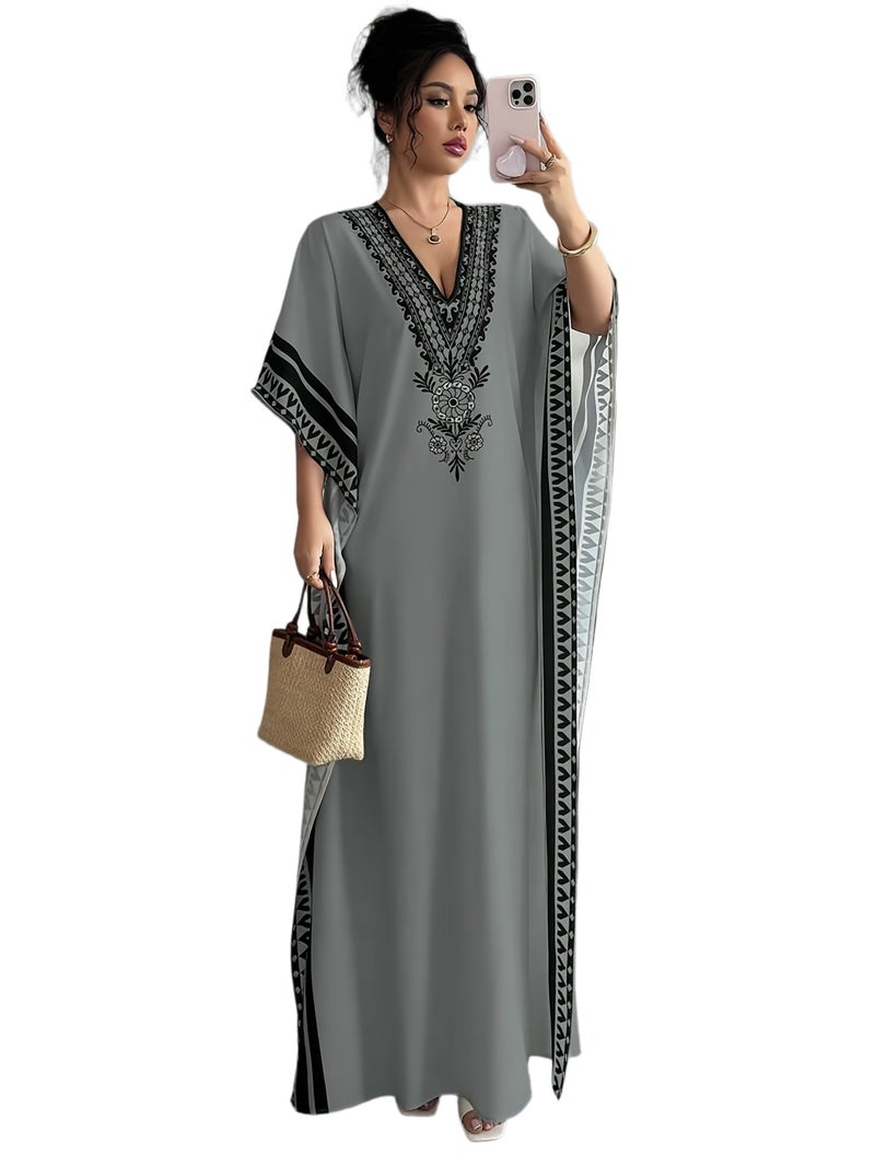 Women's Elegant Paisley Print V-Neck Three-Quarter Sleeve Turkish Kaftan Dress - Lightweight Breathable Machine Washable Summer Dress for Holiday Party Vacation Resort Wear, Casual Dresse... - Image 1