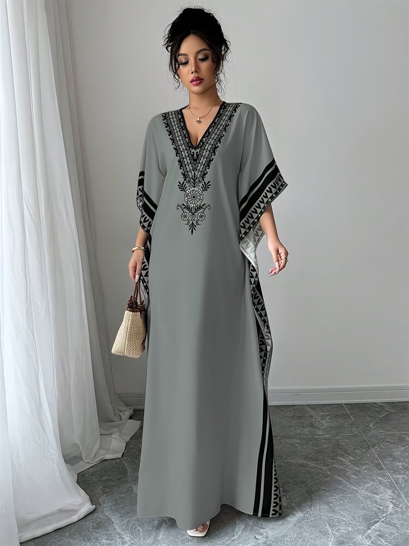Women's Elegant Paisley Print V-Neck Three-Quarter Sleeve Turkish Kaftan Dress - Lightweight Breathable Machine Washable Summer Dress for Holiday Party Vacation Resort Wear, Casual Dresse... - Image 5