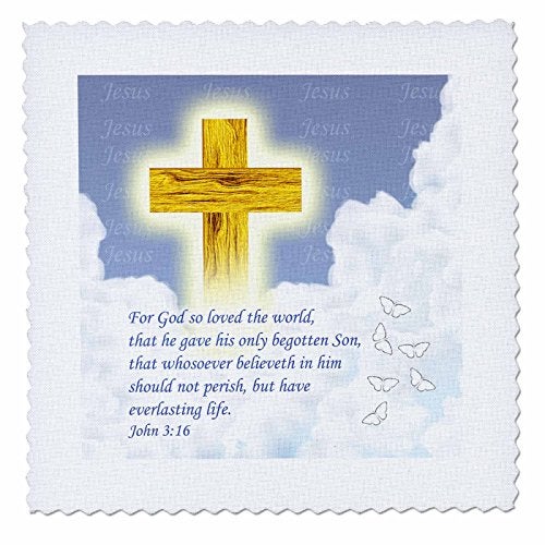 3DROSE 3dRose qs_266093_1 Bible Quote John 3 16 on Lovely Cloudy Background with Cross of Jesus Quilt Square, 10 x 10,  - Image 1
