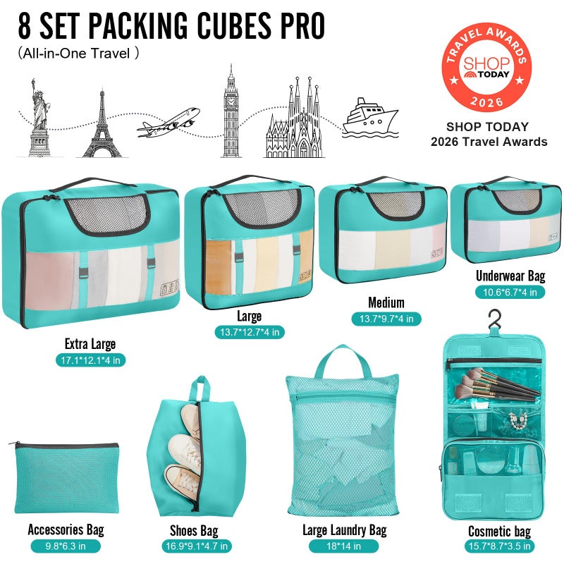 Veken 8 Set Packing Cubes for Travel Essentials, Suitcase Organizer Bags in 4 Sizes, Carry-On Luggage Accessories with Large Laundry & Hanging Toiletry Bag, Must-Have for Airplane, Road Trip & Camping - Image 2